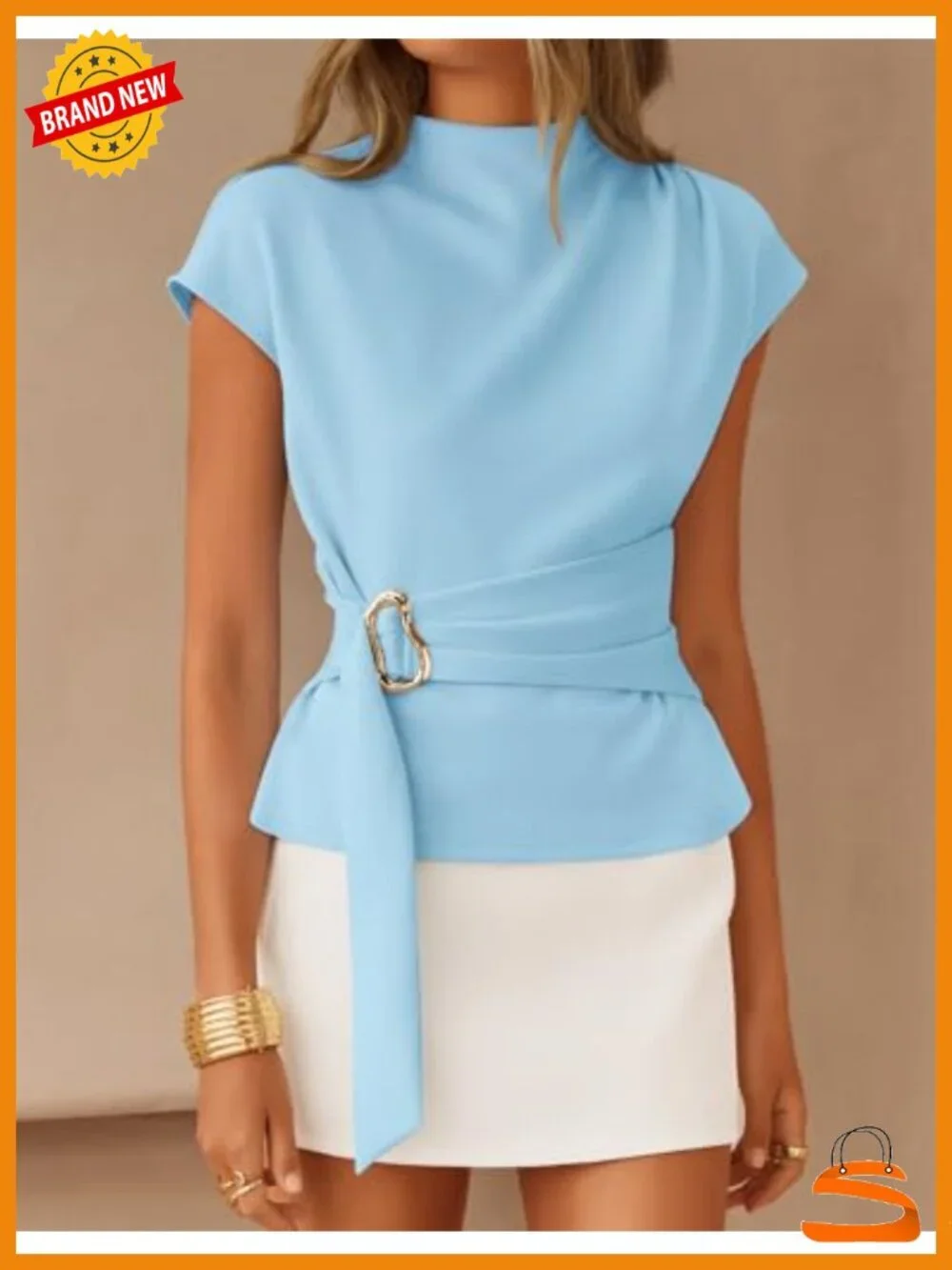 Mock Neck Cap Sleeve Blouse with Belt Back Zip - Picture 3 of 6